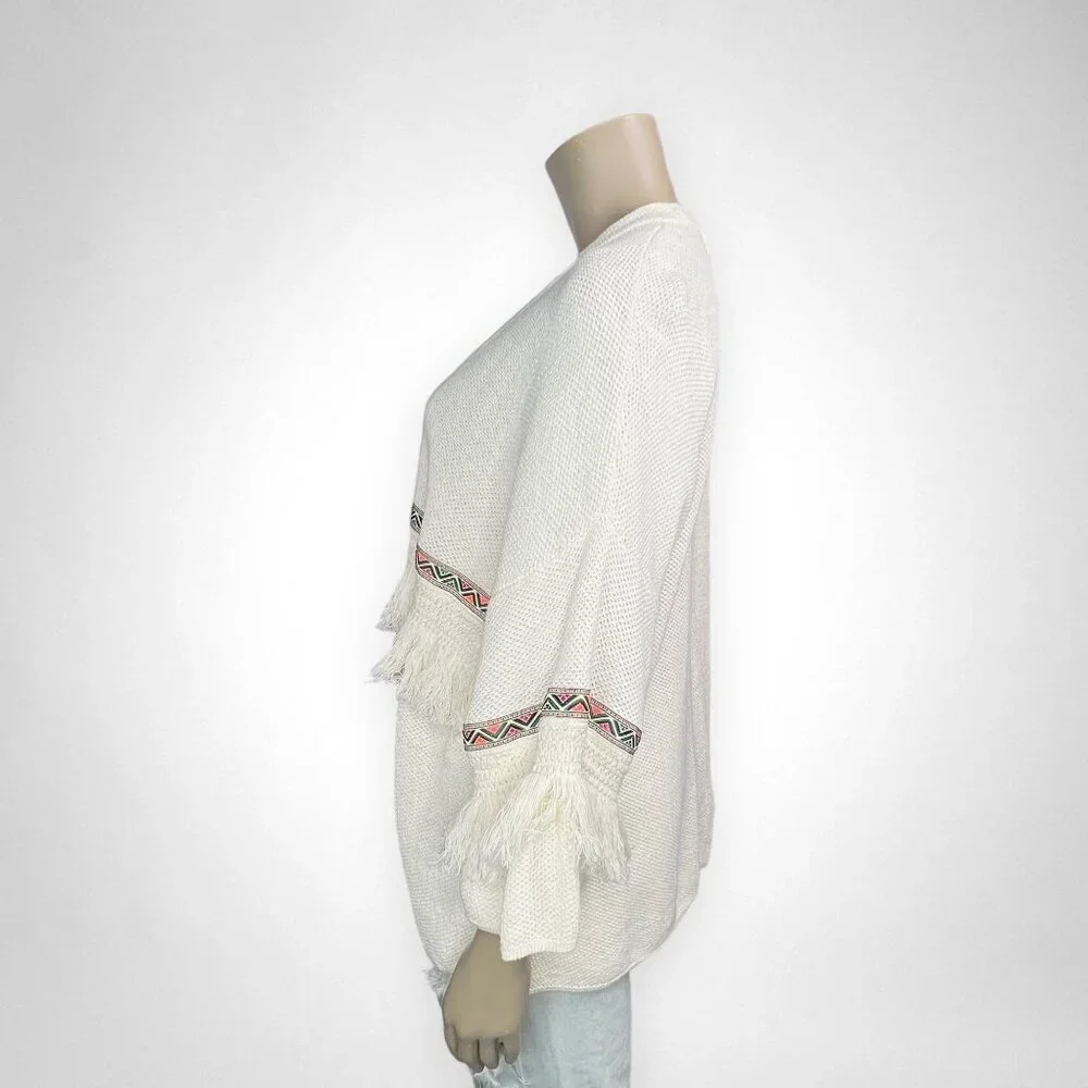 H&M COACHELLA Large Cream Cardigan Sweater Oversized Boho Fringe Knit‎ Casual
